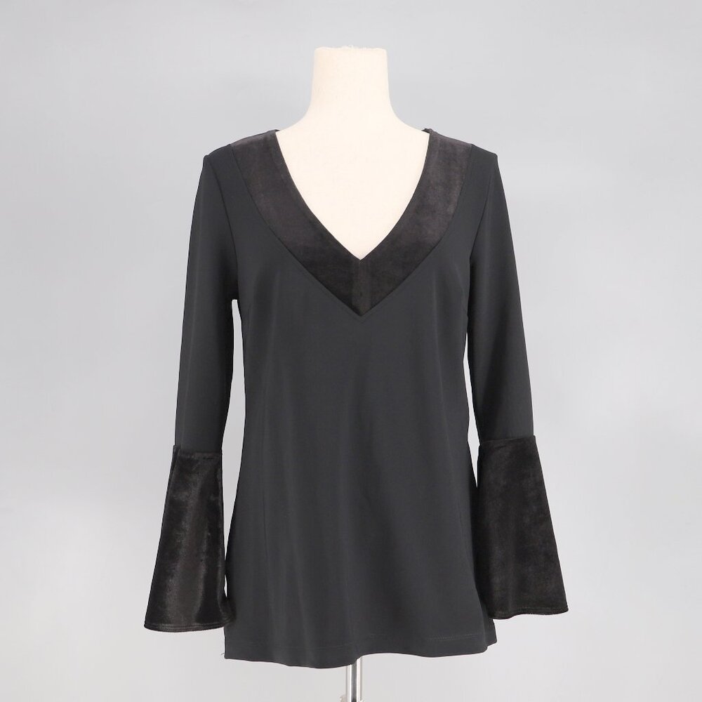 BOSTON PROPER Flare Sleeve V-Neck Velvet Trim Top Blouse Size S